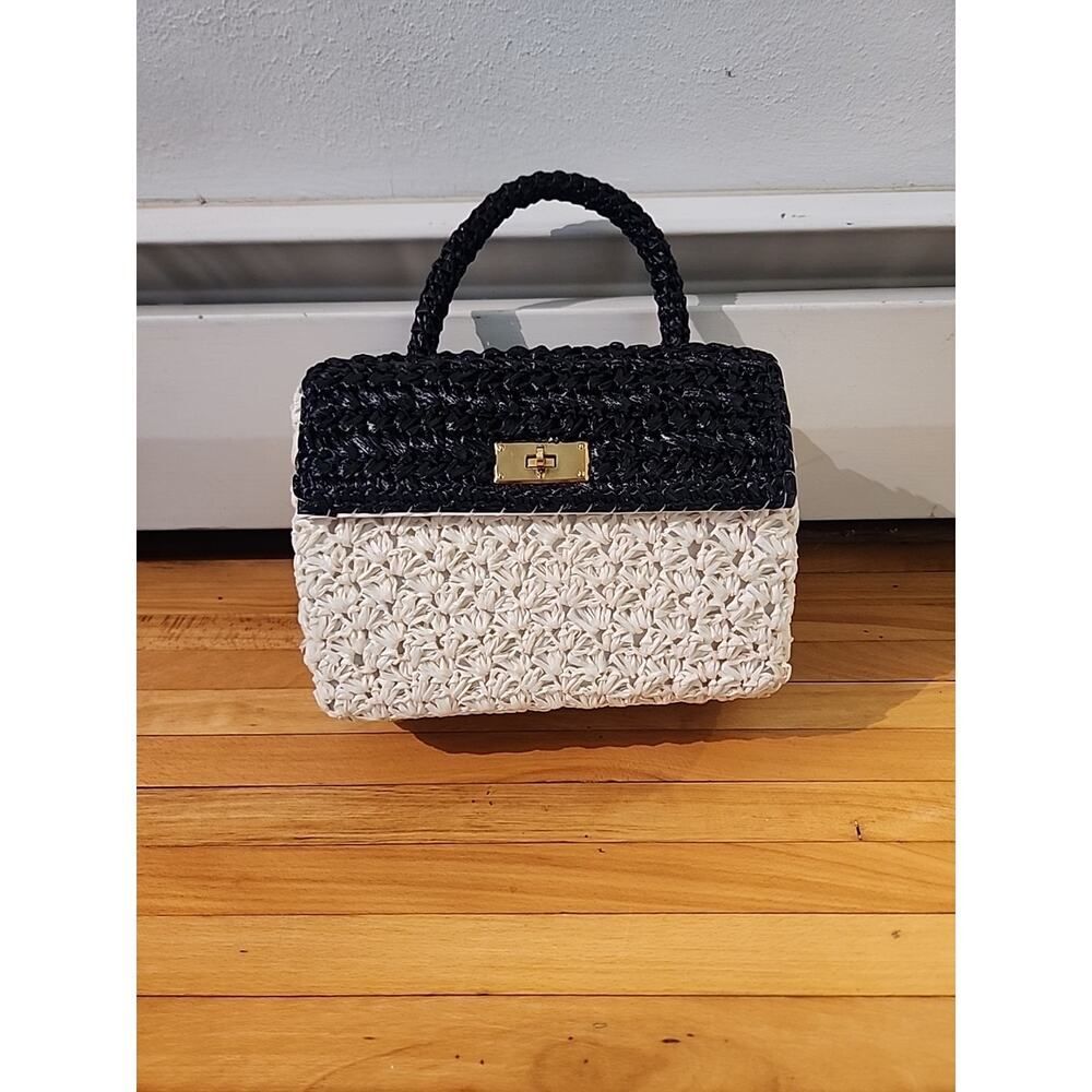 READVintage Woven Straw Clutch Bag Purse Black White Raffia Simon Made In Japan